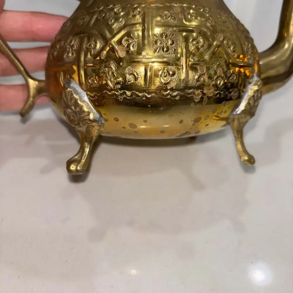 Vintage Ornate Moroccan Style Brass Decorative Teapot with Floral Engravings